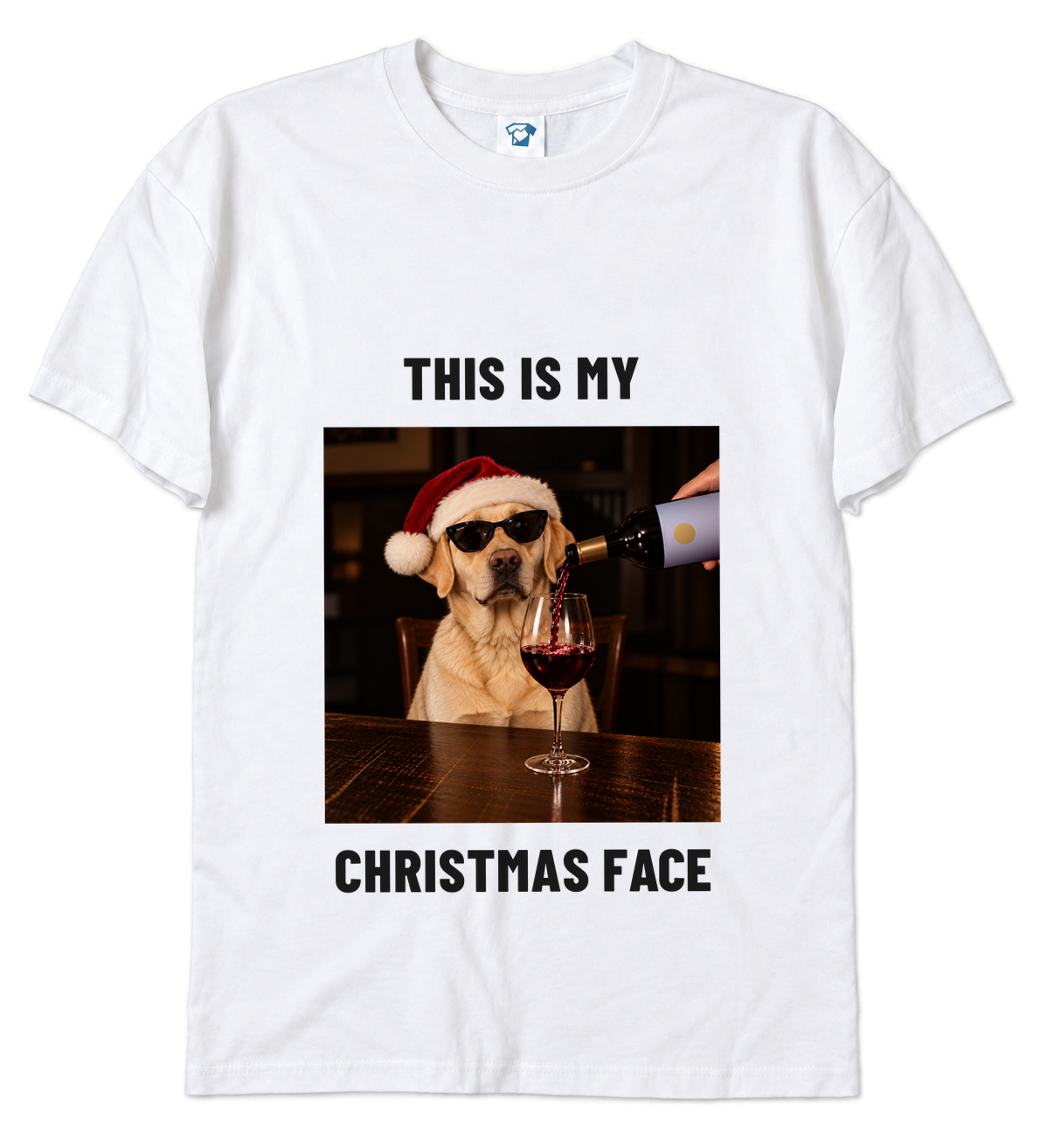 This Is My Christmas Face funny Christmas dog t-shirt – Labrador in Santa hat and sunglasses with red wine, white t-shirt