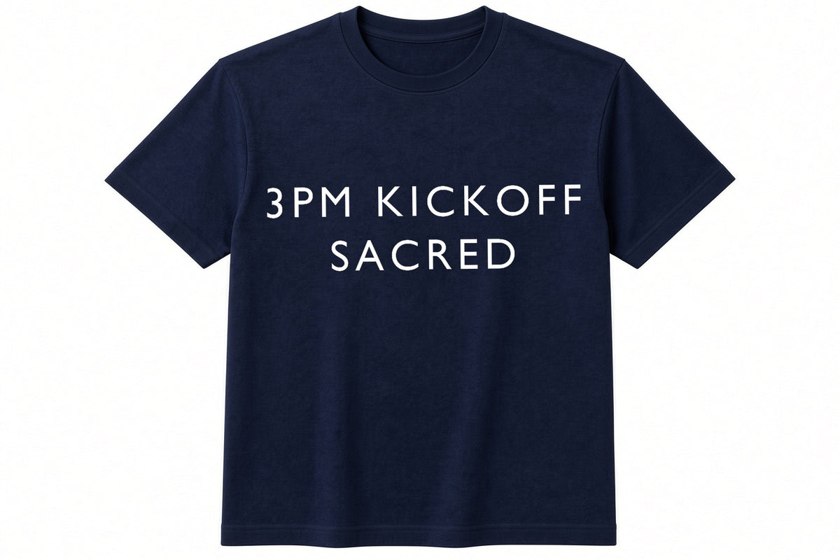 3pm Kickoff Sacred funny football design on navy t-shirt