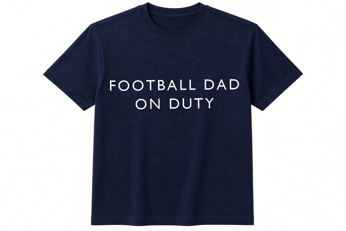 Football Dad On Duty funny football design on navy t-shirt