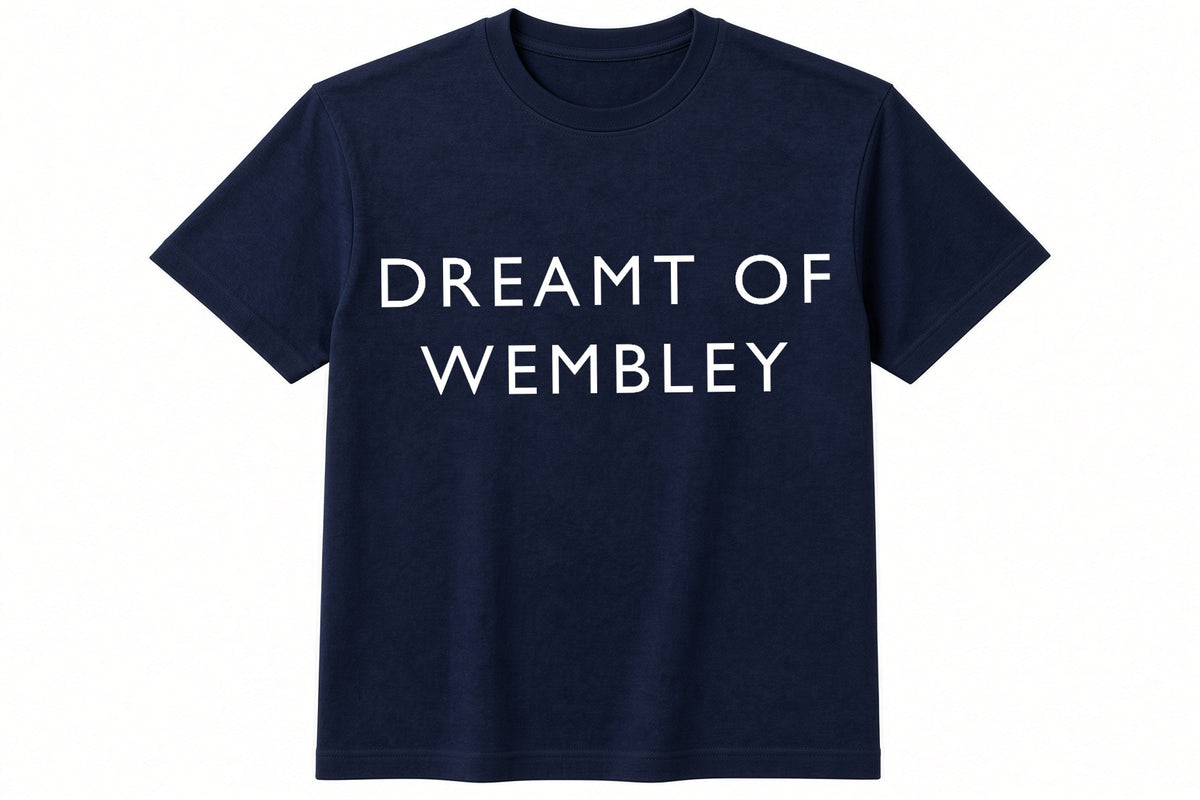 Dreamt Of Wembley funny football design on navy t-shirt