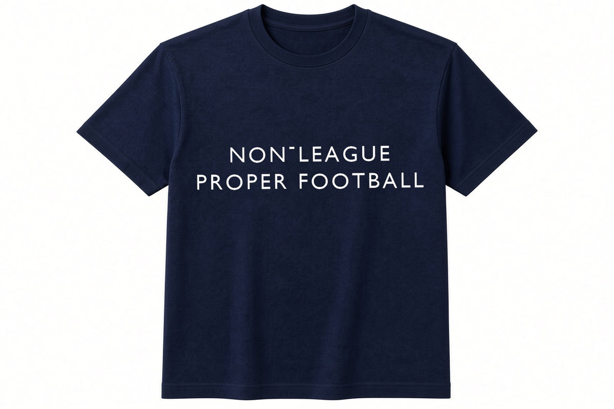 Non-League Proper Football funny football design on navy t-shirt