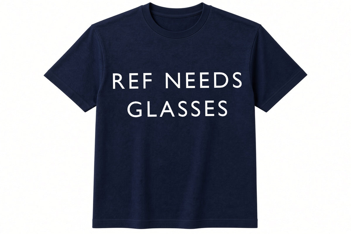 Ref Needs Glasses funny football design on navy t-shirt