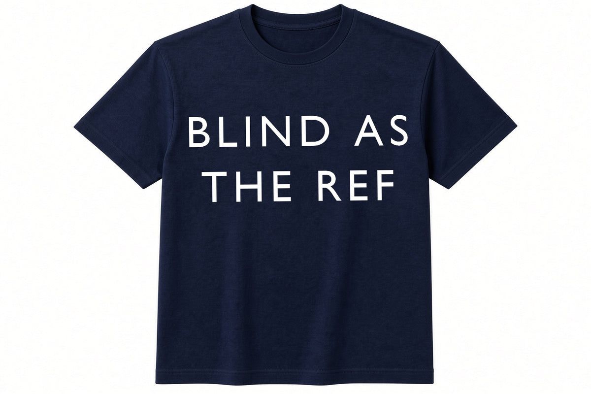Blind As The Ref funny football design on navy t-shirt