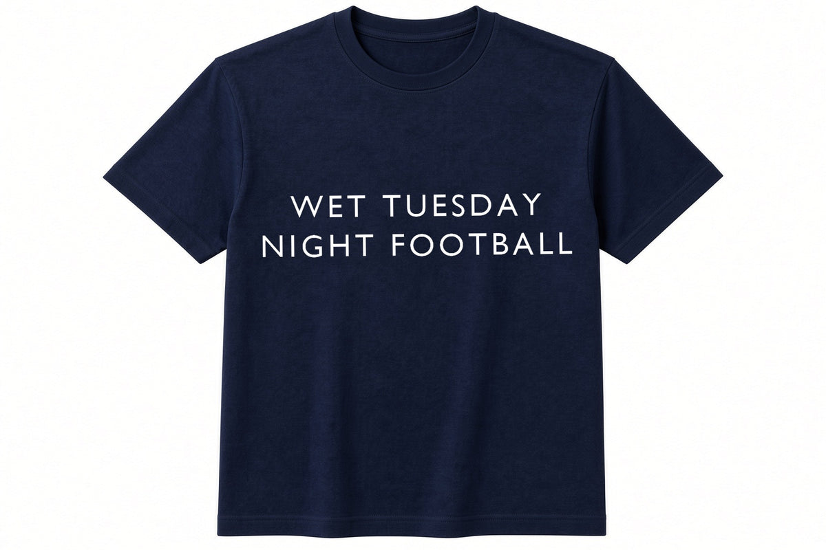Wet Tuesday Night Football funny football design on navy t-shirt