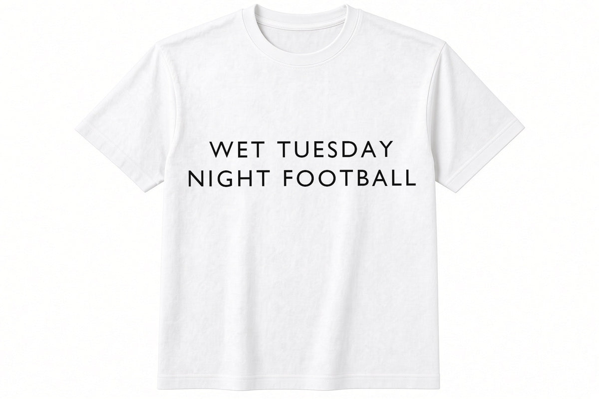 Wet Tuesday Night Football funny football design on white t-shirt flat