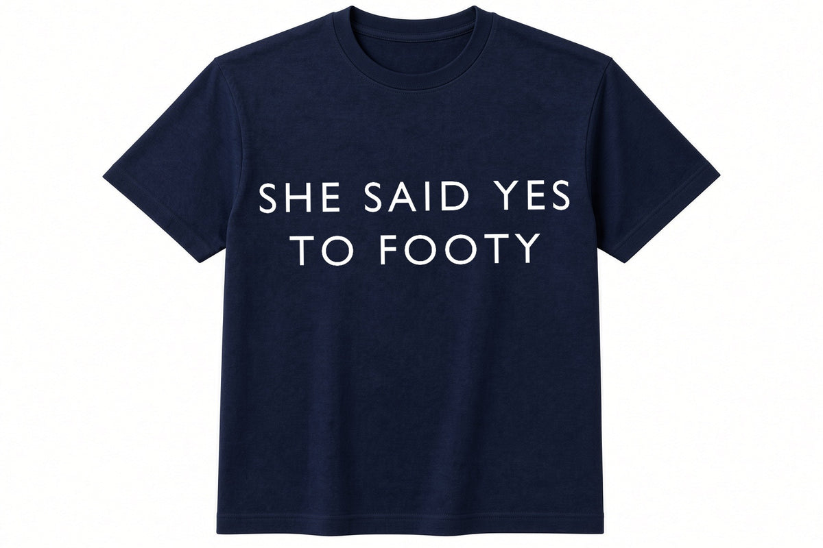 She Said Yes To Footy funny football design on navy t-shirt