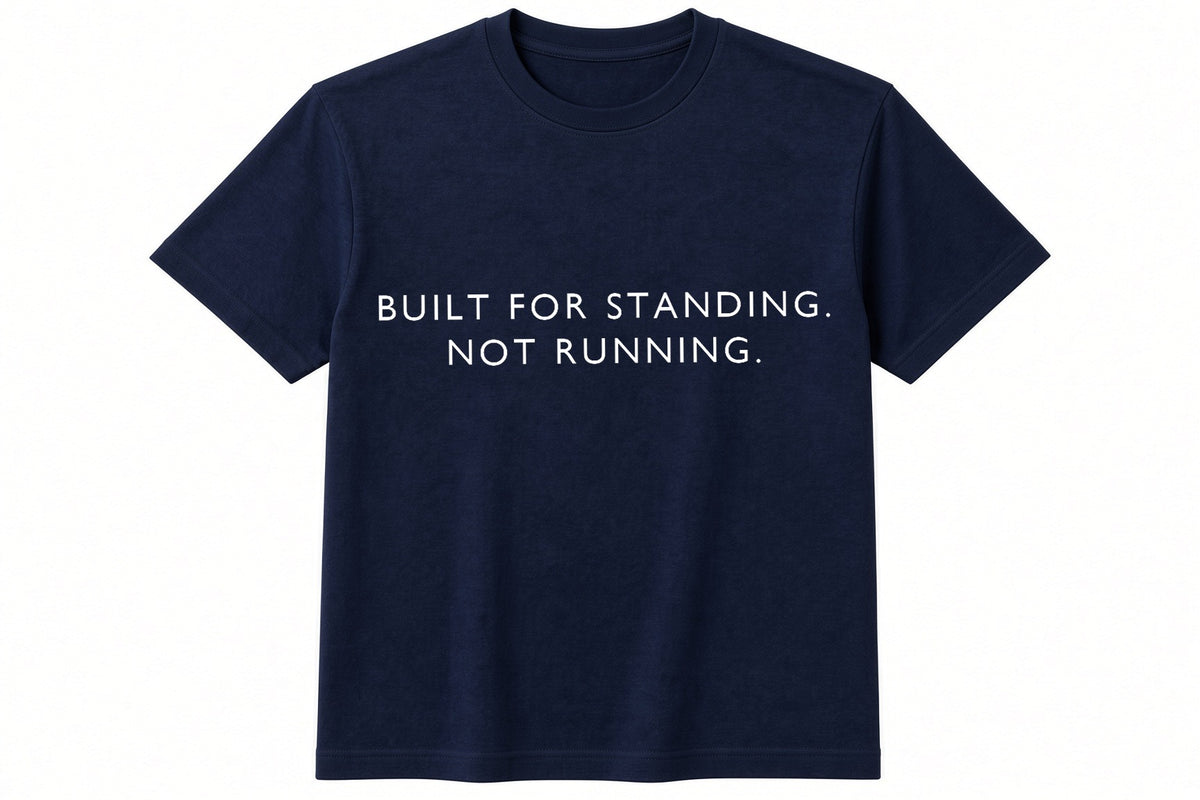 Built For Standing. Not Running. funny football design on navy t-shirt