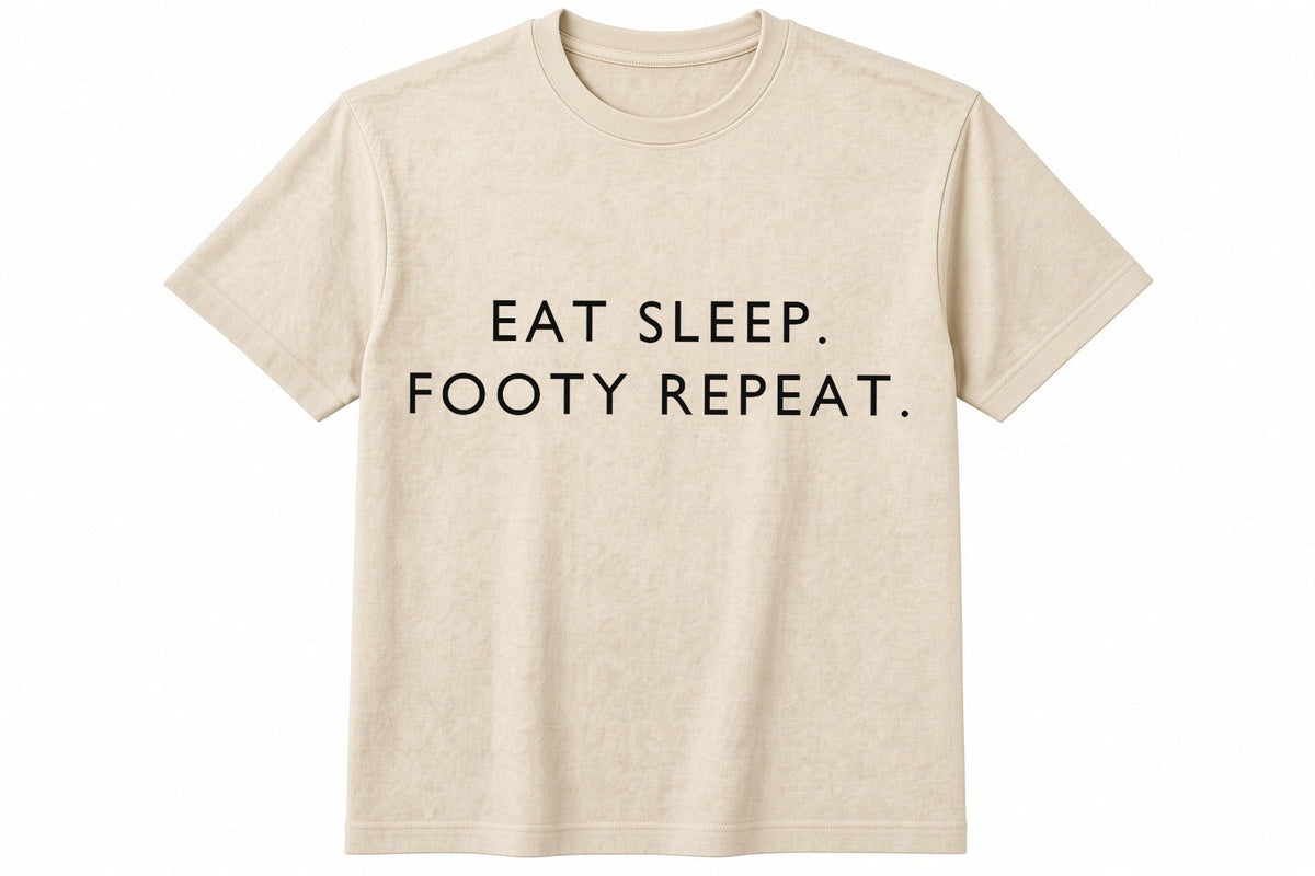 Eat Sleep. Footy Repeat. funny football design on natural t-shirt