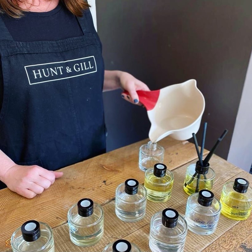 Hunt & Gill candles apron with printed logo, made by The Firefly Print Co.