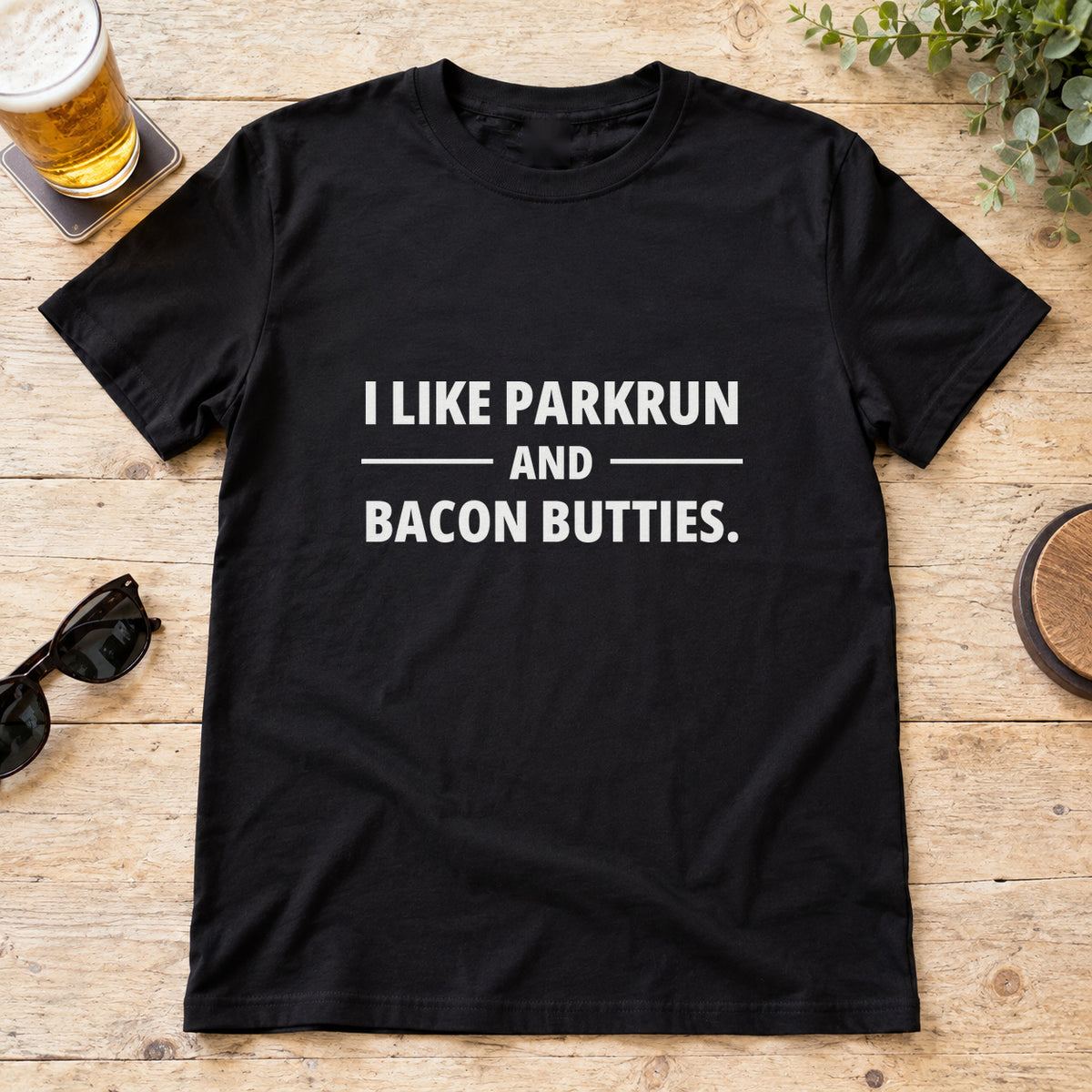 I Like Parkrun And Bacon Butties T-Shirt in Black, flat lay
