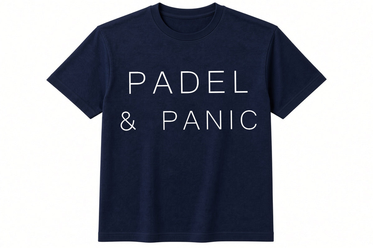 Padel & Panic funny padel pickleball design on navy t-shirt