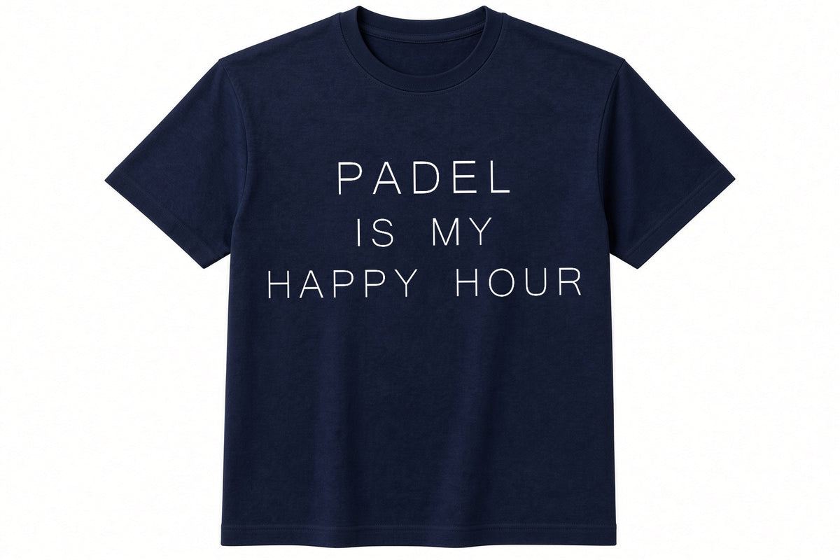Padel Is My Happy Hour funny padel pickleball design on navy t-shirt