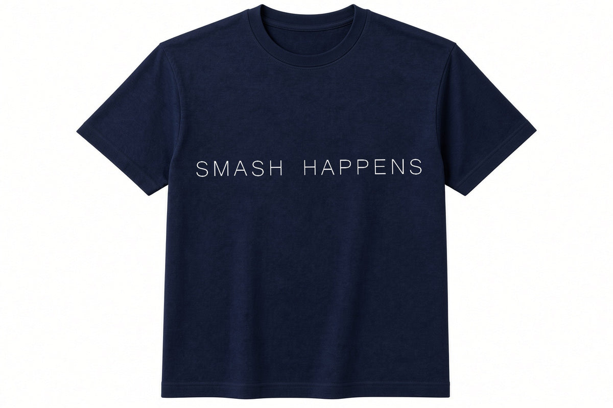 Smash Happens funny padel pickleball design on navy t-shirt