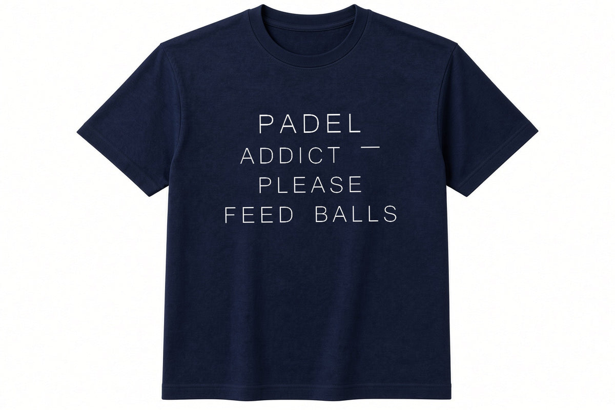 Padel Addict — Please Feed Balls funny padel pickleball design on navy t-shirt