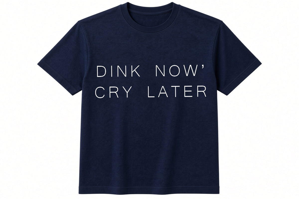 Dink Now, Cry Later funny padel pickleball design on navy t-shirt