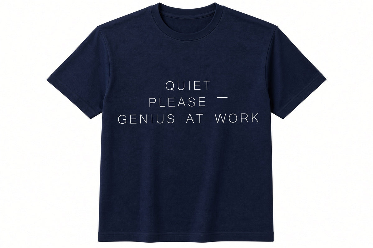 Quiet Please — Genius At Work funny padel pickleball design on navy t-shirt