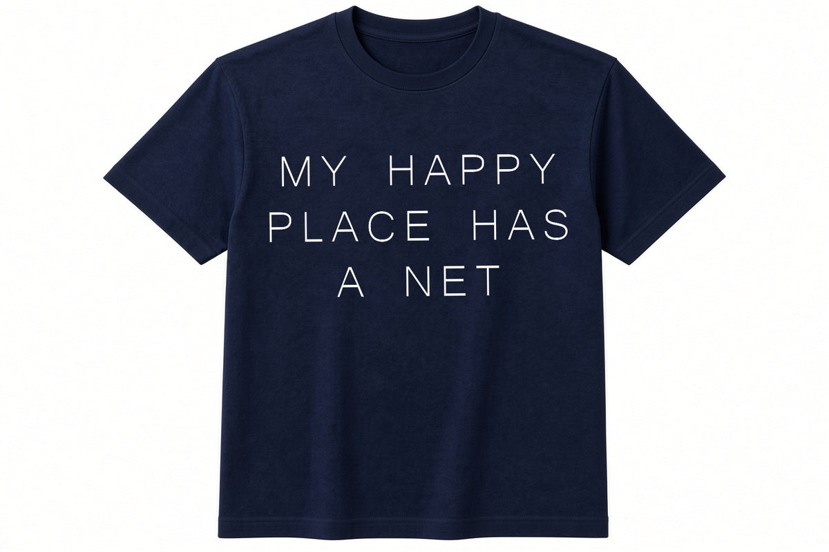 My Happy Place Has A Net funny padel pickleball design on navy t-shirt