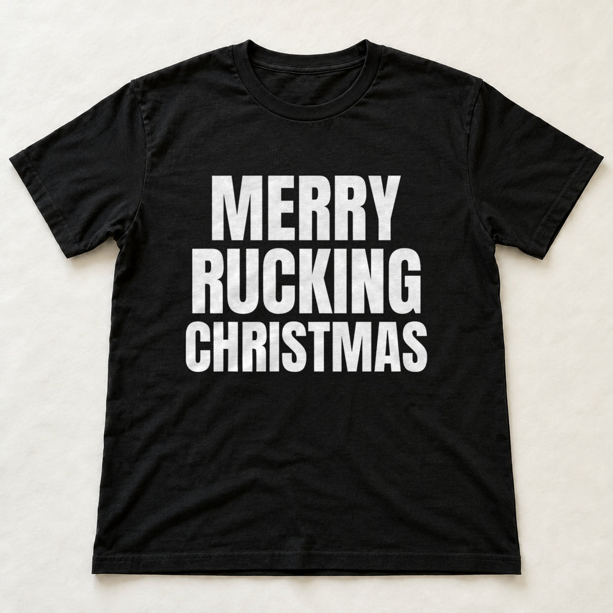 Merry Rucking Christmas black t-shirt flat lay