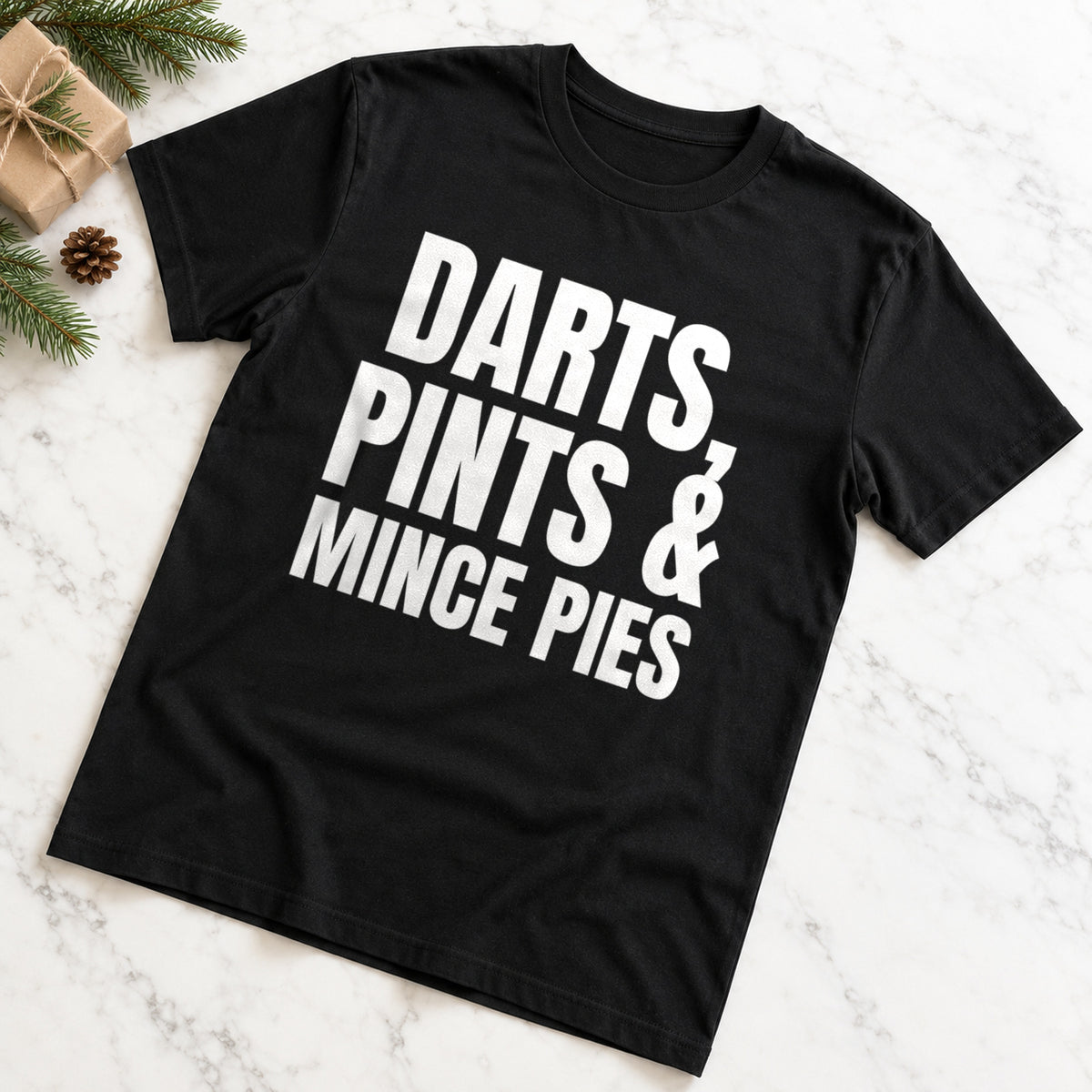 Darts, Pints & Mince Pies funny design on black t-shirt