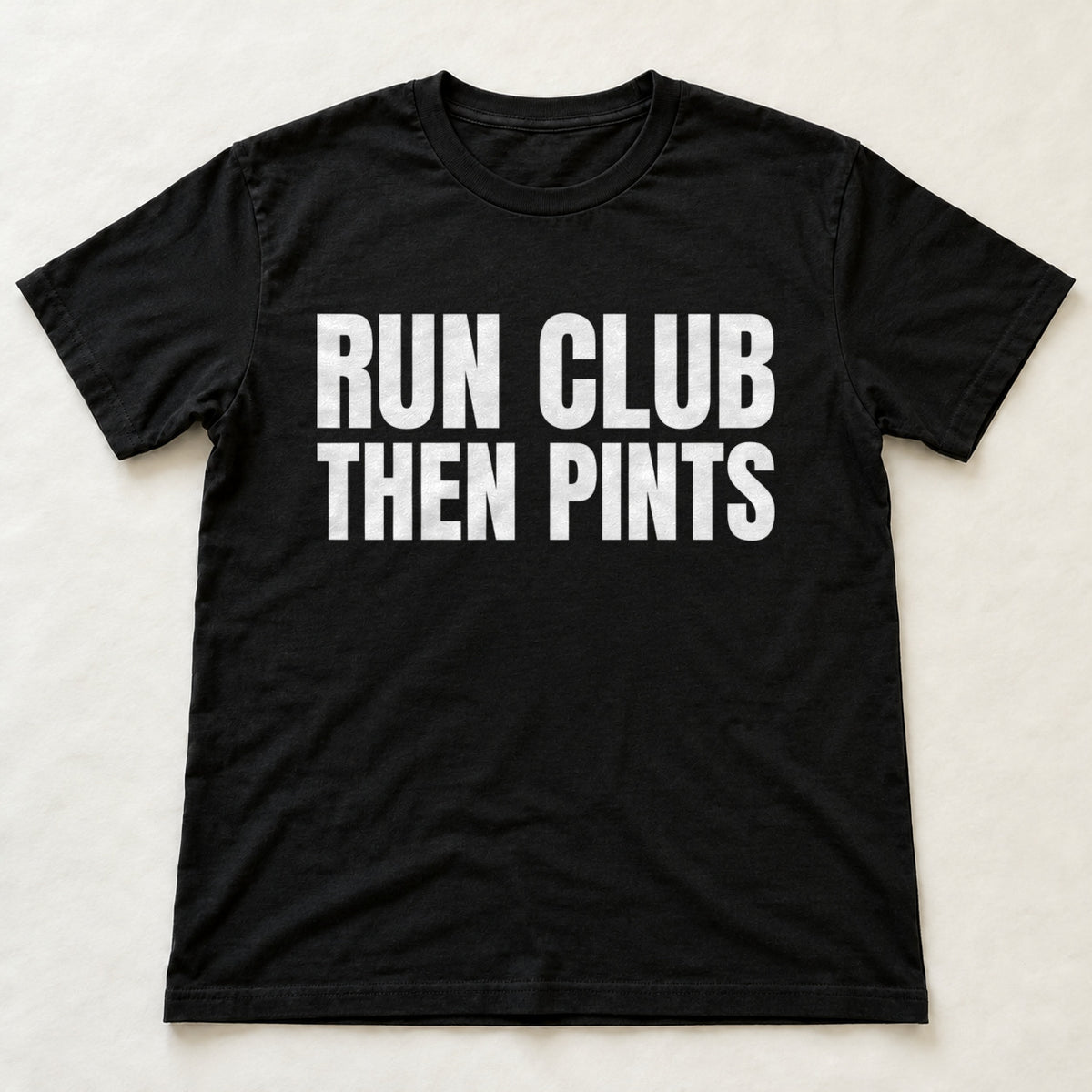 Run Club Then Pints black t-shirt flat lay