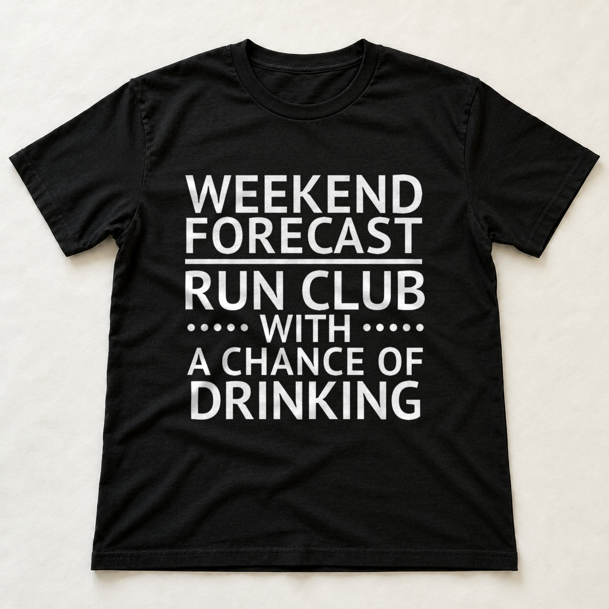 Weekend Forecast Run Club black t-shirt flat lay
