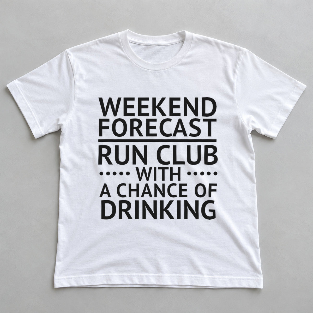 Weekend Forecast Run Club white t-shirt flat lay