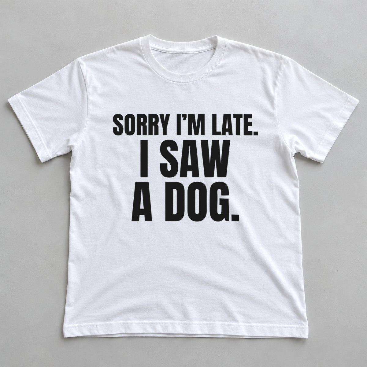 Sorry I'm Late. I Saw A Dog. white t-shirt flat lay
