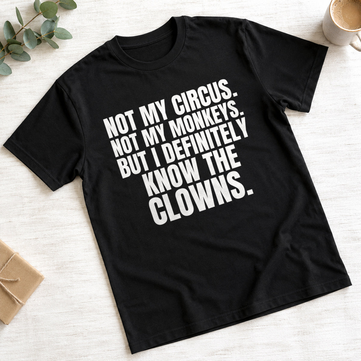 Not My Circus. Not My Monkeys. But I Definitely Know The Clowns. funny slogan on a black t-shirt