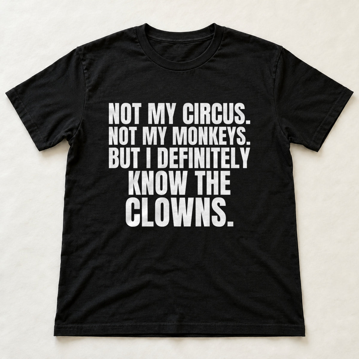 Not My Circus. Not My Monkeys. But I Definitely Know The Clowns. black t-shirt flat lay