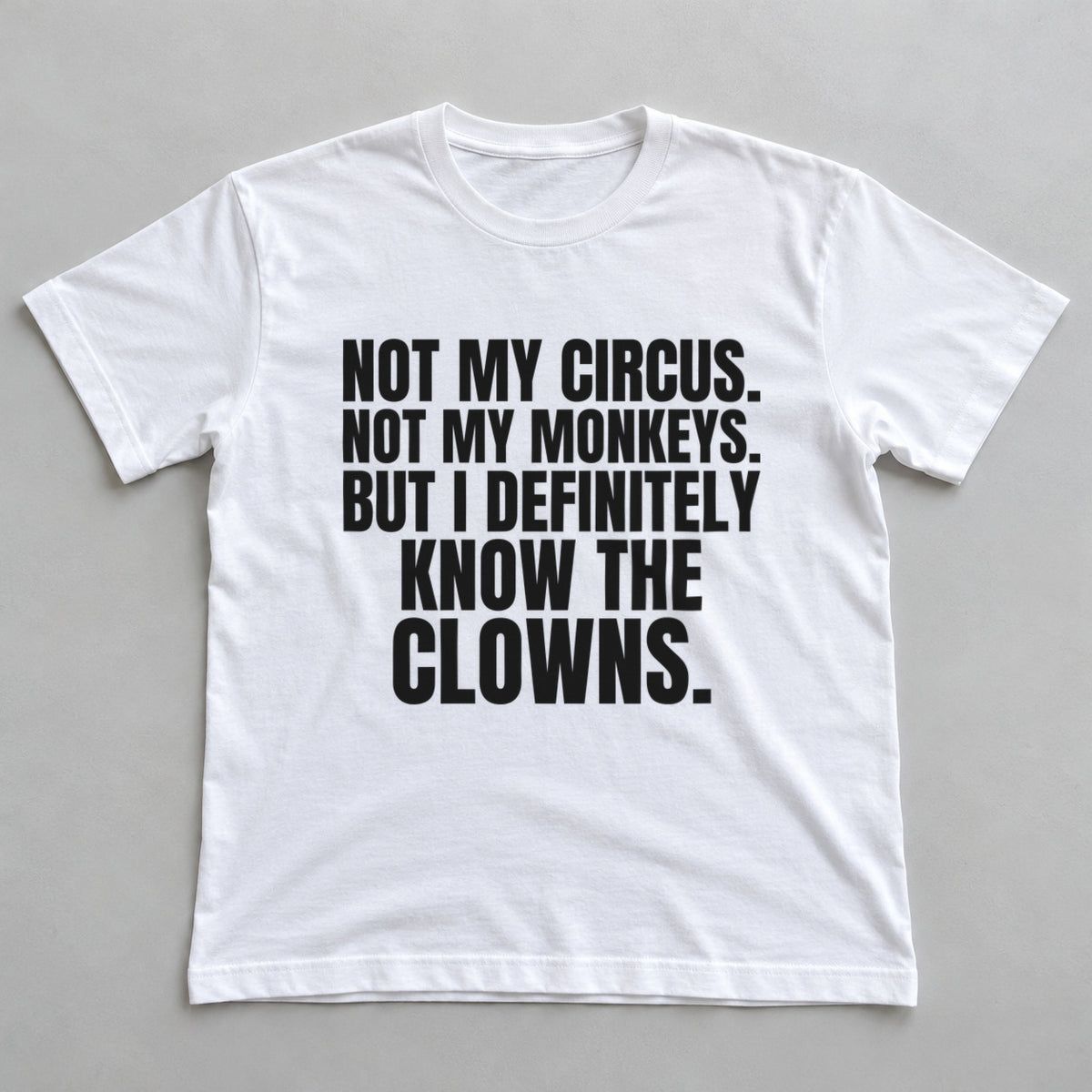 Not My Circus. Not My Monkeys. But I Definitely Know The Clowns. white t-shirt flat lay